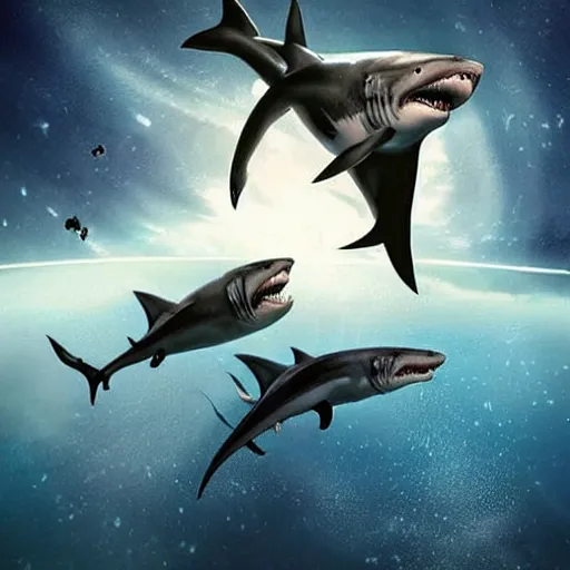 Prompt: Still from the movie Sharknado, in space with angry sharks floating on the left in front of the interstellar space filled with stars, ready to attack the planet earth on the right. Elegant, intricate, digital painting, artstation, concept art, smooth, sharp focus, illustration, art by artgerm and greg rutkowski and alphonse mucha.