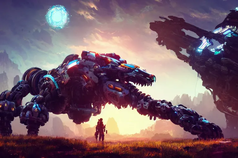 Image similar to snapmaw machine mecanical creature robot of horizon forbidden west horizon zero dawn radiating a glowing aura global illumination ray tracing hdr fanart arstation by ian pesty and alena aenami artworks in 4 k