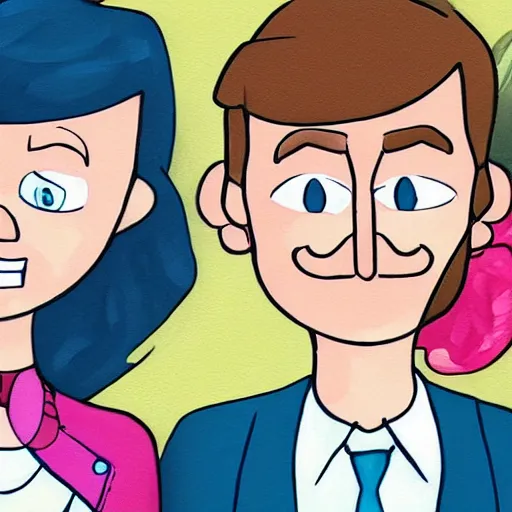 Prompt: a scrinshort of beautiful painting, wedding couple in style of gravity falls cartoon, coherent symmetrical faces