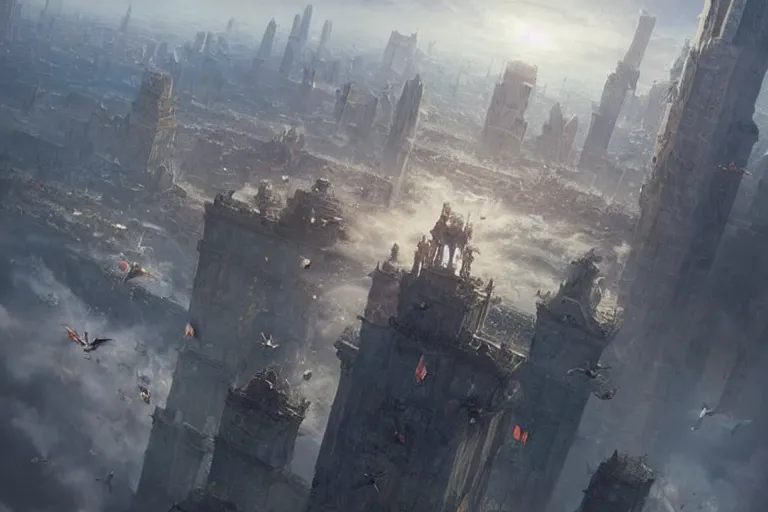 Image similar to people FLYING ON BIRDS, over the ocean, towards a GIGANTIC wall, protecting the city from black mist, cinematic, greg rutkowski, detailed, intricate