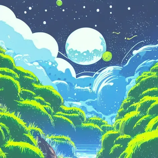 Image similar to illustration of a lush natural scene on an alien planet by studio ghibli. beautiful landscape. weird vegetation. cliffs and water.