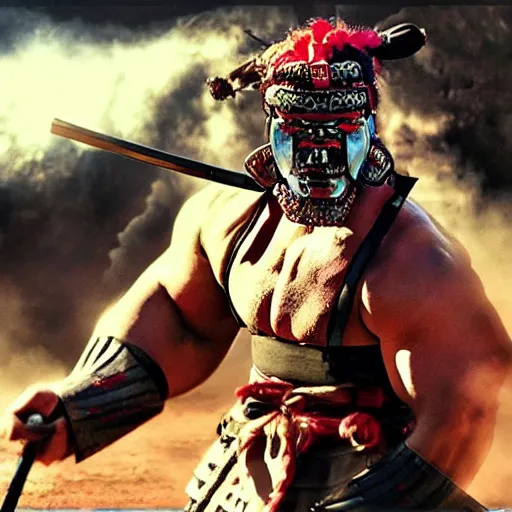 Image similar to big buff strong very buff samurai wearing an oni mask, movie still