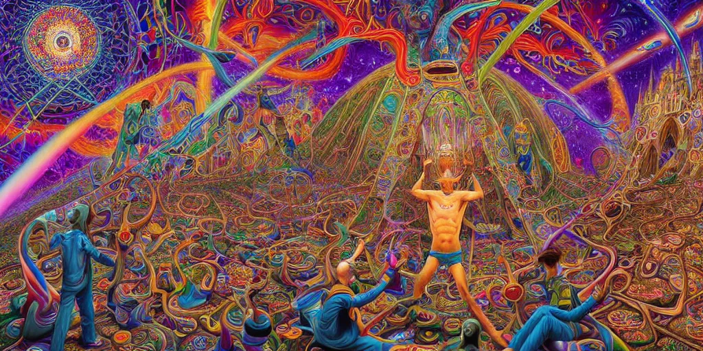 Prompt: hyper detailed portrait of a dmt time elf interacting with a psychedelic traveler, dmt portrait of benevolent time elves sharing their soul frequency, cathedral background, masterpiece composition, 8 k resolution, ultra fine illustration, alex grey, todd schorr, casey weldon, tokio aoyama, highly detailed,