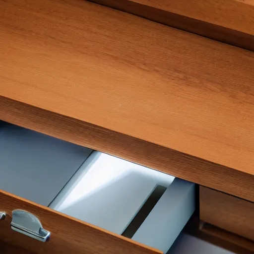 Image similar to a table with a drawer open and a light shone from inside the drawer