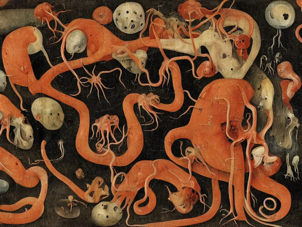 Image similar to a world of flesh in contrasting colors, hieronymous bosch, tentacles and nervous system cells, shiny flesh colored walls that are alive, loss of molecular cohesion,