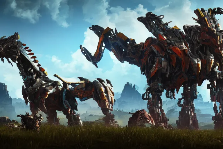 Image similar to grimhorn fanghorn machine mecha animal beast robot of horizon forbidden west horizon zero dawn bioluminiscence global illumination ray tracing hdr fanart arstation by sung choi and eric pfeiffer and gabriel garza and casper konefal