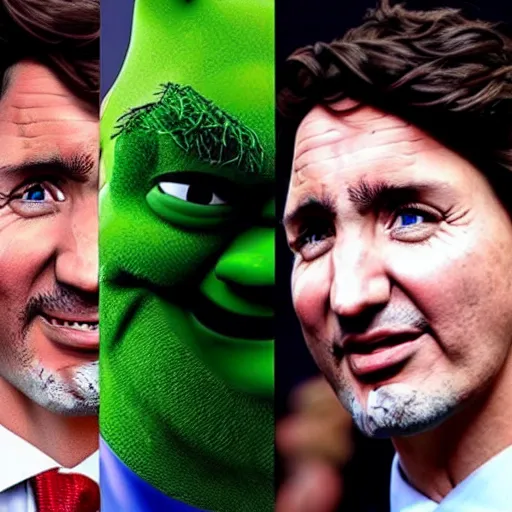 Image similar to justin trudeau cosplaying as a offensive shrek caricature, 7 2 0 p, realistic, controversial photo