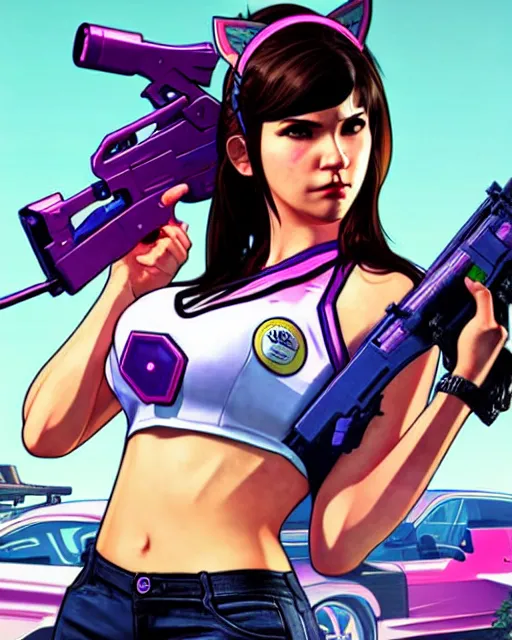 Image similar to gta 5, grand theft auto 5 cover art of d. va from overwatch
