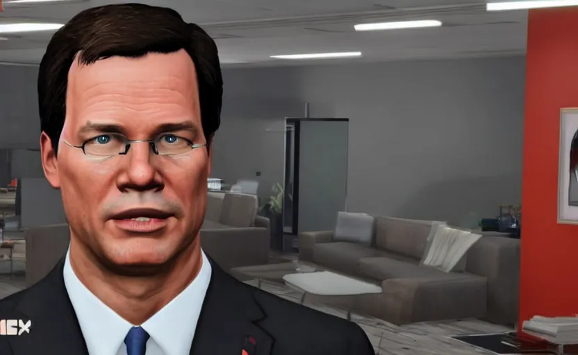 Image similar to prime minister Mark Rutte GTA V, unreal engine, 8K, gameplay