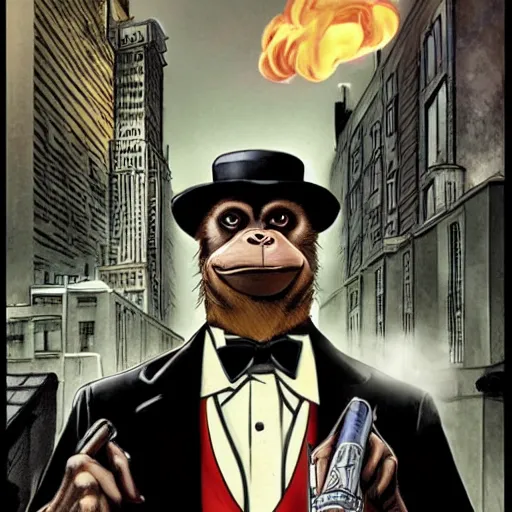 Prompt: Portrait of a film noir anthropomorphic chimp detective wearing a suit and smoking a cigar, in the background are buildings and restaurants, intricate, elegant, highly detailed, smooth, sharp focus, detailed face, high contrast, dramatic lighting, graphic novel, art by Ardian Syaf and Pepe Larraz,