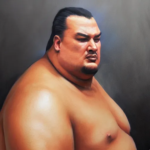 Image similar to tattoo design, a professional painting of a beautiful young obese steven seagal, partially clothed in battle armor, olive skin, long dark hair, beautiful bone structure, symmetrical facial features, intricate, elegant, digital painting, concept art, smooth, sharp focus, illustration, from Metal Gear, by Ruan Jia and Mandy Jurgens and Greg Rutkowski and Artgerm and William-Adolphe Bouguerea and artgerm, cat girl, anime