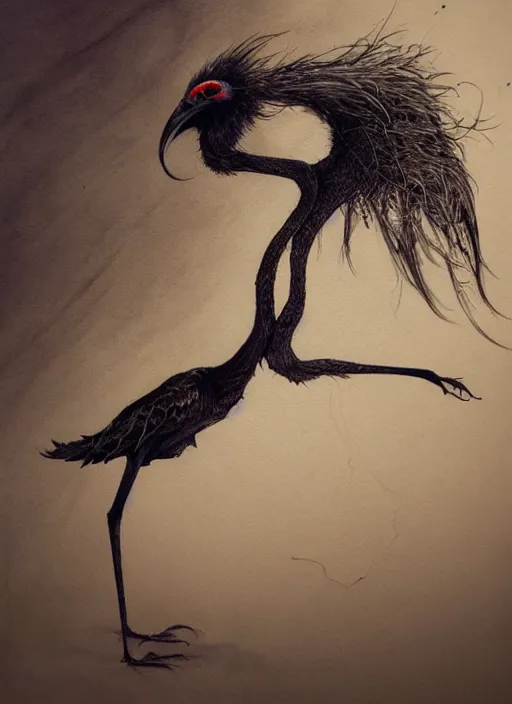 Image similar to goth emu, watercolor, dramatic lighting, cinematic, establishing shot, extremely high detail, foto realistic, cinematic lighting, pen and ink, intricate line drawings, by Yoshitaka Amano, Ruan Jia, Kentaro Miura, Artgerm, post processed, concept art, artstation, matte painting, style by eddie mendoza, raphael lacoste, alex ross