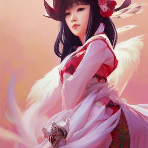 Prompt: ahri wearing a hanbok!!!, attractive, modern, victoria's secret, highly detailed, digital painting, artstation, concept art, smooth, sharp focus, illustration, art by artgerm, greg rutkowski and alphonse mucha