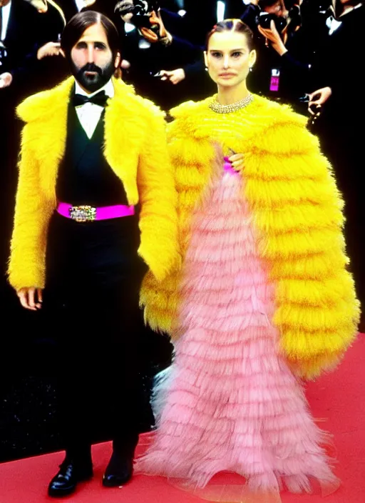 Image similar to full face and glamorous dressed natalie portman and jason schwartzman in Bespoke couture outfits made of yellows, pinks, purple and gold by Vivian Westwood and Marc Jacobs as seen in the movie the Royal Tenenbaums + vintage Chanel in a futuristic vibe