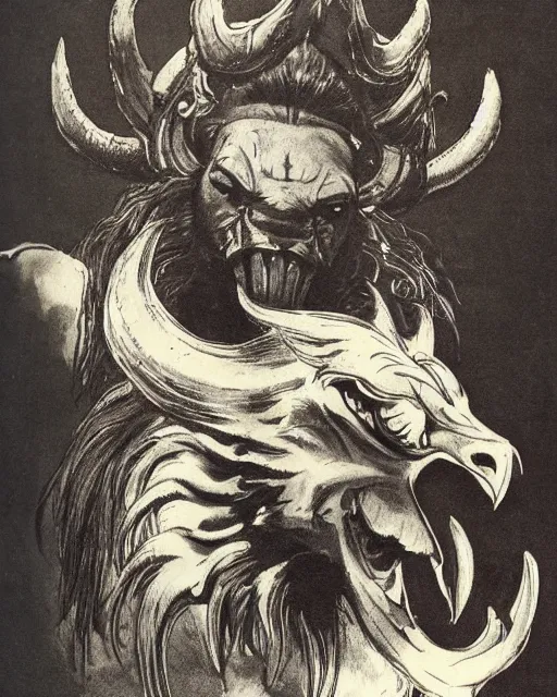 Image similar to a creature with the body and eyes of a man, with the beak of an eagle, the mane of a lion, and the horns of an ox. drawn by frank frazetta