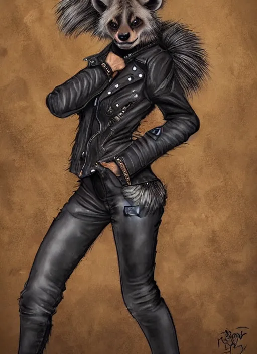 Image similar to award winning beautiful portrait commission of a female furry anthro hyena fursona with a bushy tail and a leather jacket, in a rock bar!!, cute, beautiful, attractive, detailed,