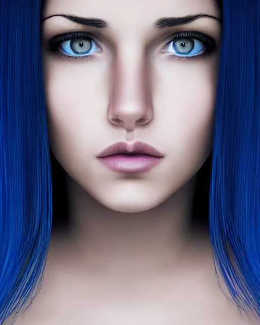 Image similar to realistic portrait of woman with black hair and blue eyes while she's sad, ultra realistic, 8k