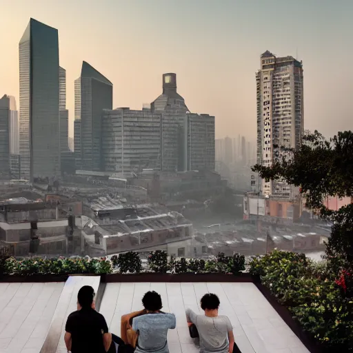 Image similar to a small rooftop with a couple of people sitting and watching the view, wearing black modern clothes, messy hair, modern shanghai bund in smog is on the background, sunset, pale colors, by gregory crewdson