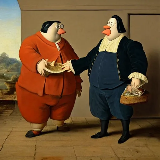 Image similar to dutch golden age painting of peter griffin and a giant chicken standing next to each other in an office, very intricate, very detailed, 8 k,