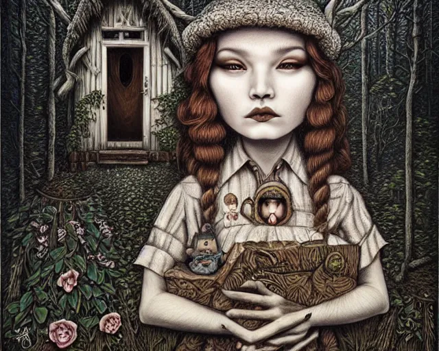 Prompt: intricate detailed portrait of a character in front of a cabin in a dark mysterious forest by mark ryden