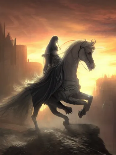 Prompt: the grim reaper, riding a white horse trought a destroyed city. the sun starting to rise in the twilight in the background. intricate, elegant, highly detailed, digital painting, artstation, concept art, sharp focus, illustration, by justin gerard and artgerm, 8 k