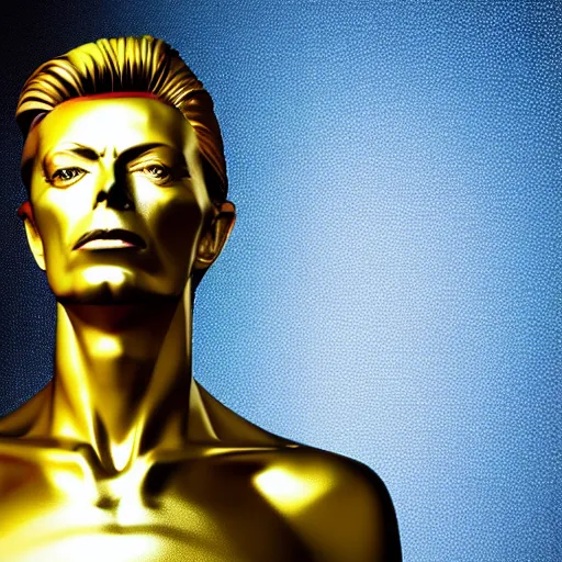 Prompt: Golden sculpture of David Bowie. Minimalism, high definition, perfect composition. Volumetric Lighting.