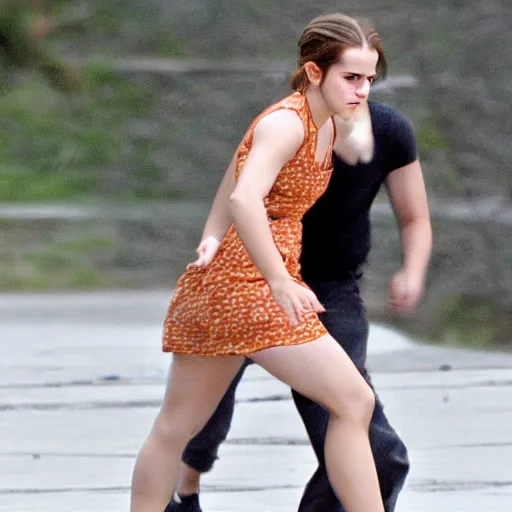 Image similar to emma watson grappling big foot to the ground, blurry focus