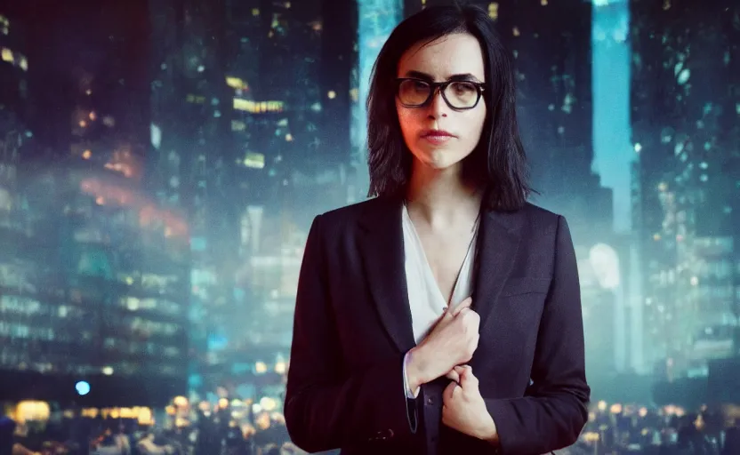 Image similar to a wide shot of a woman with a wool suit, very short dark hair, blurred face, wearing an omega speedmaster on her wrist in front of a crowded dystopian city full of people walking at night with fog and cyberpunk lights