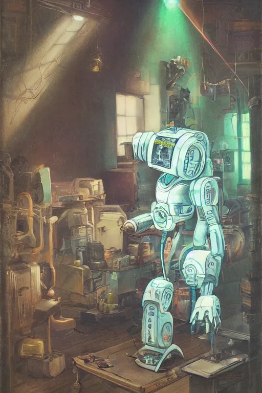 Prompt: a scene with a anime monster that looks like a white plastic industrial robot with fluo colored details covered in pastel colors, studio light, flemish painting