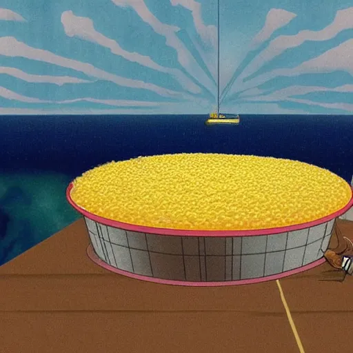 Image similar to On the flat earth, the oceans are prevented from falling off the edge by a giant wall made of macaroni and cheese. Photograph.