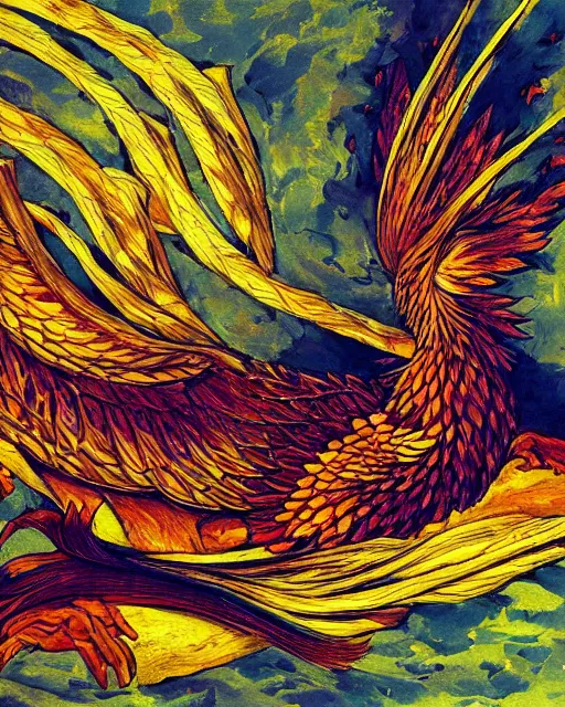 Prompt: ''Wallpaper of a phoenix resting, art by alkemistry and draktau''