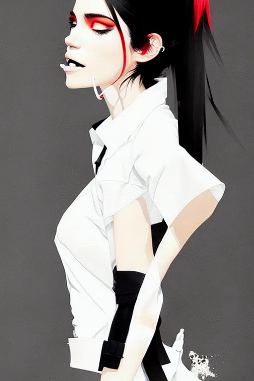 Image similar to a ultradetailed beautiful panting of a stylish woman, she is wearing a white shirt with a tie and black pants, by conrad roset, greg rutkowski and makoto shinkai trending on artstation