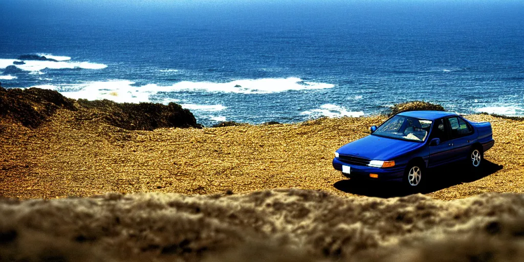 Image similar to photograph, 1999 Subaru GC8, cinematic, california coast, ocean view, 8k, depth of field, bokeh.