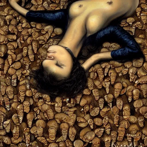 Prompt: a hyperrealistic painting of a beautiful woman sleeping on a bed of cockroaches, by santiago caruso, highly detailed,