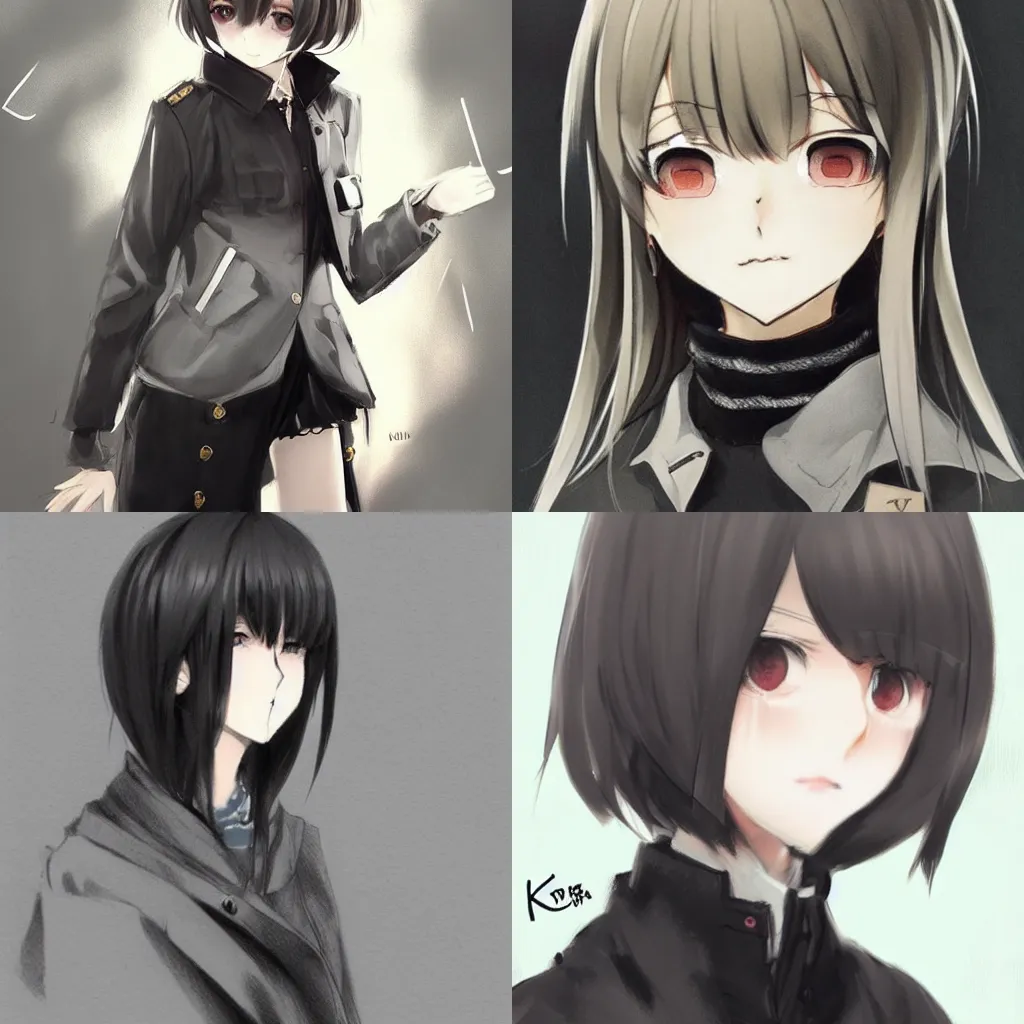 Prompt: A cute manga girl wearing a very stylish coat with popped collars by krenz cushart, black medium length Dutch bob cut hair with straight bangs, dark eyes, black and white charcoal sketch, Huke, trending on artstation