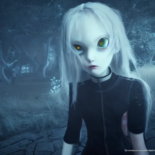 Prompt: full shot portrait of angry darkness anime girl at moonlight, gothic wearing, worrying eyes,by Tim Burton, detailed, unreal engine 4k volumetric light, dense fog,