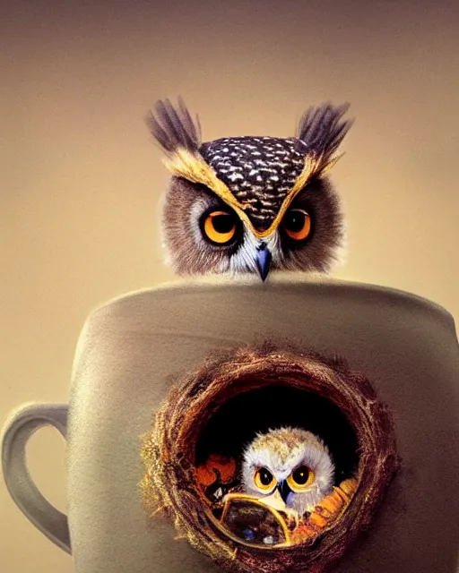 Image similar to long shot of a very cute owl chick nesting in a futuristic mug, esao andrews, humorous illustration, hyperrealistic, big depth of field, warm colors, whimsical cosmic night scenery, low light, 3 d octane render, 4 k, concept art, hyperdetailed, hyperrealistic, trending on artstation