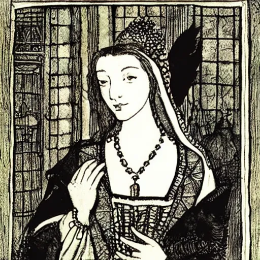 Prompt: Anne Boleyn transforming into a bird, avian, feathers, she is sad, in the style of Arthur Rackham