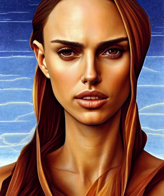 Prompt: half Nathalie portman half jessica alba portrait by Sandro Botticelli and Moebius, sci-fi, amber eyes, beautiful face, appealing long hair, fantasy, intricate, elegant, highly detailed, digital painting, artstation, concept art, smooth, sharp focus, oil painted illustration by Sandro Botticelli