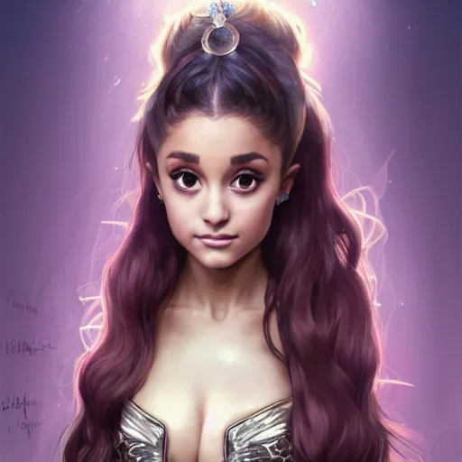 Prompt: portrait of ariana grande as a sorceress, looking at camera, d & d, intricate, elegant gown, stylish, cute smirk, fantasy, extremely detailed, digital painting, artstation, concept art, smooth, sharp focus, illustration, stunning lighting, art by artgerm and greg rutkowski and alphonse mucha and simon stalenhag.