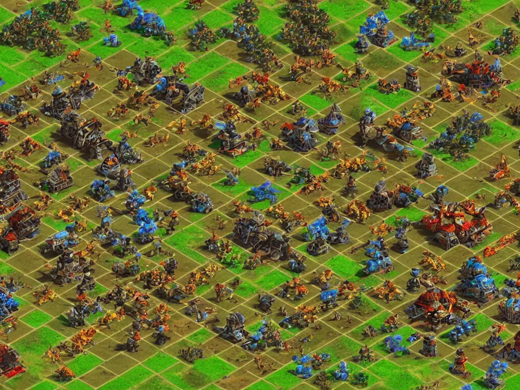 Prompt: 1998 isometric rts strategy game in the style of Starcraft, Age of Empires, KKND Krossfire, Red Alert
