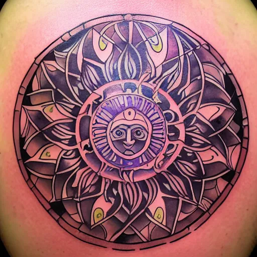 Image similar to a sun and moon mandala, tattoo style, color restoration, orange purples reds, glowing, double exposure, high quality ink