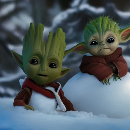 Prompt: Baby Groot and Baby Yoda are building a snowman hyperdetailed, artstation, cgsociety, 8k