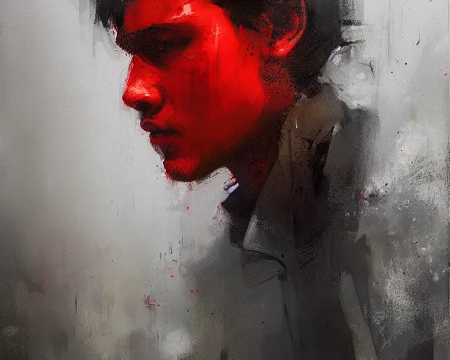 Image similar to portrait of young jacen solo caedus in shades of grey but with red and green by jeremy mann