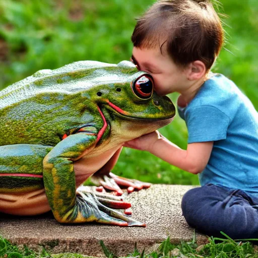 Prompt: Human sized frog licking tiny dog