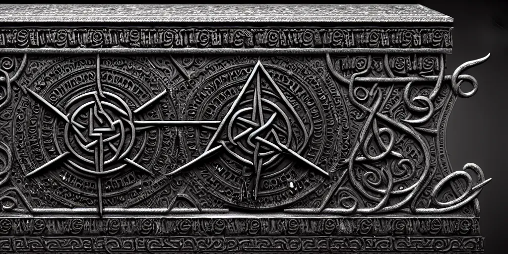 Image similar to an ancient ornate intricate old spell satanic coffin with the sigil symbol of evil emblazoned on the cover, cinematic, realistic, intricate detail, finely detailed, small details, extra detail, photorealistic, high resolution, 3 d, pbr, path tracing, volumetric lighting, octane render, arnold render, 8 k