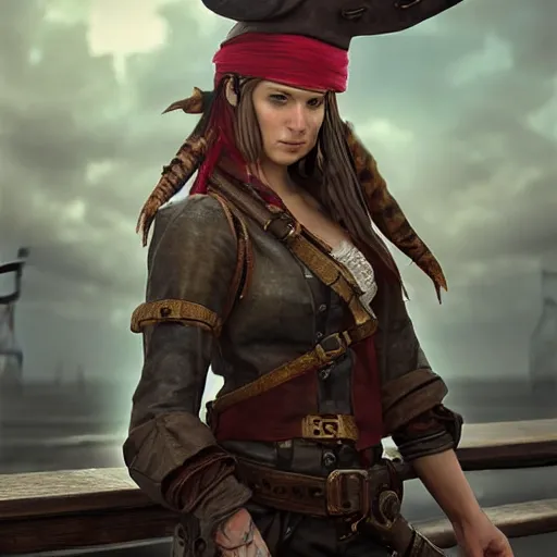 Image similar to hyperrealistic mixed media high resolution image of a female pirate, stunning 3d render inspired art by István Sándorfi and Greg Rutkowski and Unreal Engine, perfect symmetry, dim volumetric lighting, 8k octane beautifully detailed render, post-processing, extremely hyper-detailed, intricate, epic composition, highly detailed attributes, highly detailed atmosphere, full body shot, cinematic lighting, masterpiece, trending on artstation, very very detailed, masterpiece, stunning, flawless structure, lifelike texture, perfection,