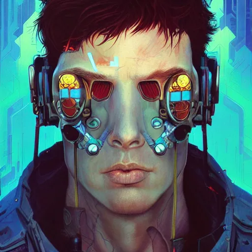 Image similar to apocalyptic cyberpunk man portrait by gaston bussierre and charles vess and james jean and erik jones and rhads, inspired by ghost in the shell, beautiful fine face features, intricate high details, sharp, ultradetailed