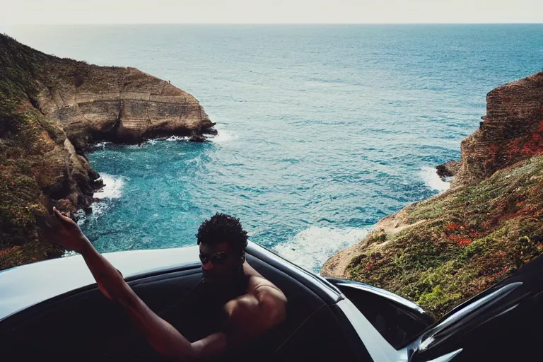 Image similar to photo of a gorgeous black model sitting on a Tesla on a cliff on the ocean By Emmanuel Lubezki