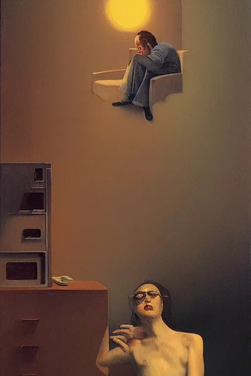 Image similar to nicholas cage put the television through her head edward hopper and james gilleard, zdzislaw beksisnski, higly detailed